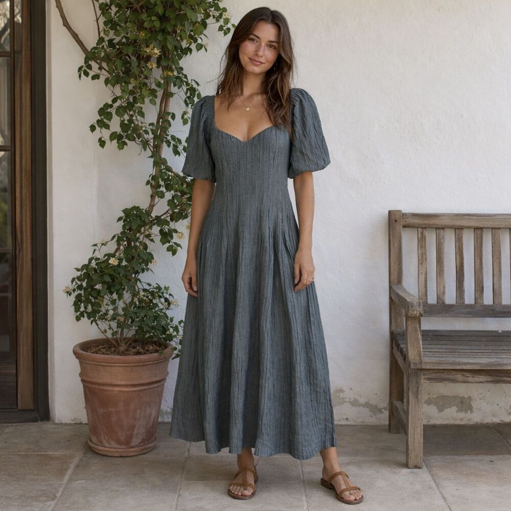 Lulu's Slate Gray Puff-Sleeve Midi Dress